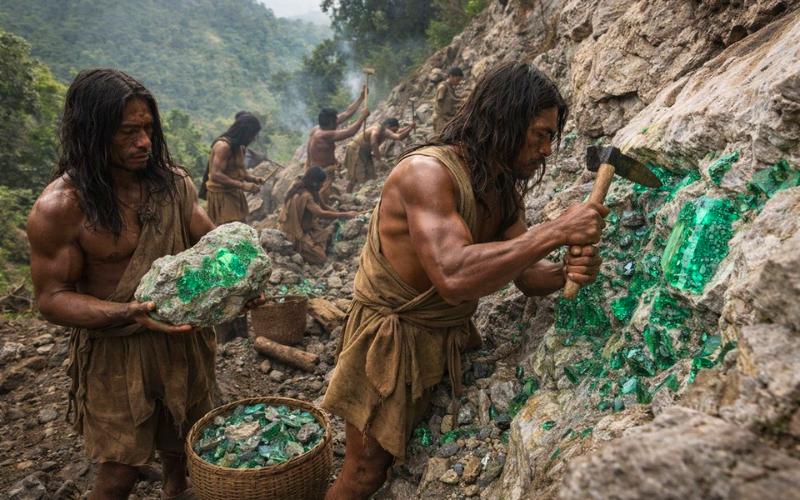 Mineros indígenas Muzos extrayendo Esmeraldas de Cantera